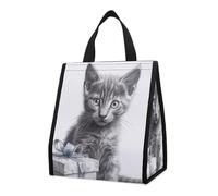 Borsa per il pranzo riutilizzabile isolata per donne e uomini, borsa termica a prova di perdite, gatto accanto alla confezione regalo, portatile, per adulti, piccola borsa per il pranzo per ufficio