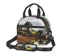 Borsa per il pranzo scozzese con castello scozzese e lago d'acqua, per uomini e donne, grande capacità, riutilizzabile, isolata, con tracolla regolabile, per adulti