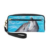 Borsa per il trucco 20 x 5,5 x 8,5 cm, borsa nera con mucca in stile cartone animato, per uomini e donne, Acqua che gioca delfino