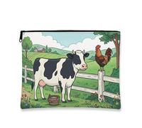 Borsa per il trucco a forma di animale della fattoria, borsa da viaggio per cosmetici, con mucca e gallo, borsa da viaggio per donne, organizer portatile in tela con cerniera, bianco, 7x9 Inch