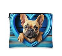 Borsa per il trucco a forma di cane, borsa da viaggio per cosmetici con grafica a cuore blu per donne, piccola borsa portatile in tela con cerniera, borsa da toilette regalo per amanti degli animali