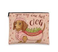 Borsa per il trucco a forma di cane carino, borsa cosmetica dal design giocoso con hot dog per donne, organizer da viaggio portatile con cerniera, regalo di San Valentino, Pesca, 7x9 Inch, Cane