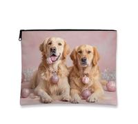 Borsa per il trucco a forma di cane, color pesca, Golden Retrievers, borsa da viaggio per cosmetici, da donna, piccola borsa portatile in tela con cerniera organizer, Pesca, 7x9 Inch, Cani