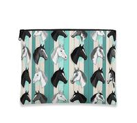 Borsa per il trucco a forma di cavallo, borsa da viaggio artistica vintage per donne, organizer portatile in tela con cerniera, borsa per la cura della pelle quotidiana, Nero e bianco, 7x9 Inch
