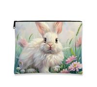 Borsa per il trucco a forma di coniglio, borsa cosmetica con design floreale per donne, piccola borsa portatile in tela con cerniera, borsa da toilette regalo per festival di primavera, bianco, 7x9