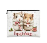 Borsa per il trucco a forma di criceto, graziosa pochette da viaggio per cosmetici da donna con scritta "Happy Holidays", piccola borsa portatile in tela con cerniera, borsa da toilette natalizia per