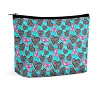 Borsa per il trucco a forma di cuore con nastro rosa per la sensibilizzazione sul cancro al seno, borsa da viaggio in PU, impermeabile, con cerniera, per articoli da toeletta da donna, 6,8x5,9 pollici