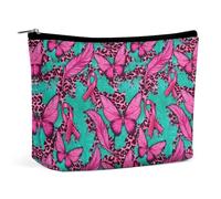 Borsa per il trucco a forma di farfalla con nastro rosa per la sensibilizzazione sul cancro al seno, borsa da viaggio in PU impermeabile con cerniera, per articoli da toeletta da donna, 6,8x5,9 pollic