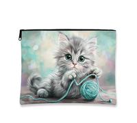 Borsa per il trucco a forma di gatto, adorabile borsetta da viaggio per cosmetici con gattino grigio, piccola borsa portatile in tela con cerniera, regalo di compleanno per la cura della pelle, Grigio