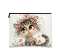 Borsa per il trucco a forma di gatto, borsa da viaggio con stampa floreale, per donne, piccola borsa portatile in tela con cerniera, regalo per gli amanti degli animali, bianco, 7x9 Inch, Gatto