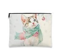 Borsa per il trucco a forma di gatto, borsa da viaggio per cosmetici ad acquerello per donne, piccola borsa portatile in tela con cerniera, borsa da toilette invernale per vacanze, bianco, 7x9 Inch
