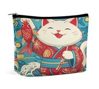 Borsa per il trucco a forma di gatto giapponese Maneki Neko con onde di pesce, organizer da viaggio per articoli da toilette, pochette cosmetica per donne, regalo di compleanno per mamme, ragazze, don