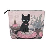 Borsa per il trucco a forma di gatto incantato, grande capacità, da viaggio per donna, impermeabile, monostrato, in finta canapa, con cerniera, portatile, organizer per cosmetici.