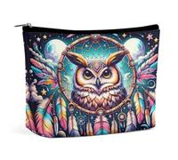 Borsa per il trucco a forma di gufo colorato acchiappasogni luna in PU, borsa da viaggio impermeabile con cerniera, per articoli da toeletta da donna, 6,8x5,9 pollici