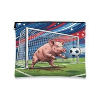 Borsa per il trucco a forma di maialino da calcio, divertente, sportiva, borsa da viaggio per donne e ragazze, organizer portatile con cerniera in tela piccola con animali, 17,8 x 2