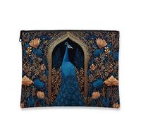 Borsa per il trucco a forma di pavone, borsa da viaggio per cosmetici con motivo floreale esotico blu e oro per donne, organizer portatile grande in tela con cerniera, borsa da toeletta regalo per