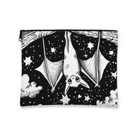 Borsa per il trucco a forma di pipistrello, nera con stelle carine, borsa da viaggio per donne, piccola borsa portatile in tela con cerniera, borsa da toilette per Halloween, nero, 7x9 Inch