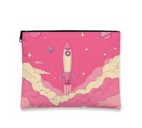 Borsa per il trucco a forma di razzo, graziosa pochette da viaggio per cosmetici a tema spaziale con cartoni animati per donna, organizer portatile in tela con cerniera, borsa da toilette per la cura