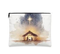 Borsa per il trucco a forma di stella di Natale, borsa da viaggio vintage per presepe, borsa da viaggio per donne, organizer portatile in tela con cerniera, bianco, 7x9 Inch, Custodia