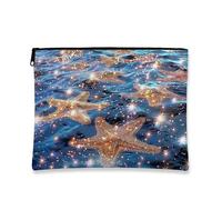 Borsa per il trucco a forma di stella marina, borsa da viaggio blu scintillante per donne, piccola borsa portatile in tela con cerniera, regalo da spiaggia per la cura della pelle, Blu, 7x9 Inch