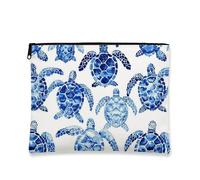 Borsa per il trucco a forma di tartaruga, borsa da viaggio artistica da donna, piccola borsa portatile in tela con cerniera, regalo da spiaggia per la cura della pelle, Blu, 7x9 Inch, Tartarughe