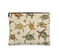 Borsa per il trucco a forma di tartaruga, borsa da viaggio per cosmetici vintage da donna, piccola borsa portatile in tela con cerniera, regalo da spiaggia per la cura della pelle, Beige, 7x9 Inch