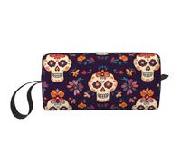 Borsa per il trucco a forma di teschio messicano, resistente all'acqua, organizer da viaggio per donne e uomini, con scheletro floreale, con cerniera, piccola borsa per attrezzi portatile