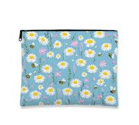 Borsa per il trucco a margherita, borsa da viaggio per cosmetici vintage con motivo floreale blu per donne, piccola borsa portatile in tela con cerniera, regalo per festival, per la cura della pelle