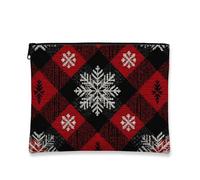 Borsa per il trucco a quadri, borsa da viaggio per cosmetici con fiocco di neve rossa e nera, piccola borsa portatile in tela con cerniera, borsa da toilette per la cura della pelle delle vacanze