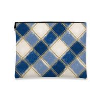 Borsa per il trucco a quadri, borsa da viaggio per cosmetici geometrica blu e bianca, piccola borsa portatile in tela con cerniera, borsa da toeletta quotidiana per la cura della pelle, regalo per le