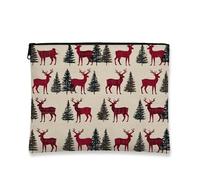 Borsa per il trucco a quadri con cervo, borsa da viaggio per cosmetici rustica da donna, organizer portatile in tela con cerniera, borsa da toilette invernale per vacanze, Rosso, 7x9 Inch, Cervo