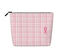 Borsa per il trucco a quadri con nastro rosa per la sensibilizzazione delle sopravvissute al cancro al seno - Borsa da viaggio in canapa sintetica, organizer per articoli da toeletta, portamonete co