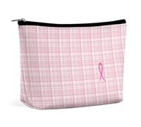 Borsa per il trucco a quadri con nastro rosa per la sensibilizzazione delle sopravvissute al cancro al seno, borsa da viaggio in PU, impermeabile, con cerniera, per articoli da toeletta da donna, 6,8x