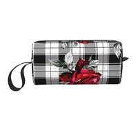 Borsa per il trucco a quadri rosa resistente all'acqua da viaggio organizer per articoli da toeletta per donne uomini Buffalo Plaid Flower Cosmetic Storage Pouch con cerniera piccola borsa portatile