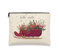 Borsa per il trucco a slitta, borsa da viaggio invernale floreale per donne, piccola borsa portatile in tela con cerniera, borsa da toilette per la cura della pelle delle vacanze, Crema, 7x9 Inch