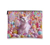 Borsa per il trucco a tema Candy, borsa da viaggio per cosmetici da donna, piccola borsa portatile in tela con cerniera, organizer per dolci regalo per la cura della pelle, Pesca, 7x9 Inch, Gatto