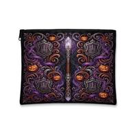 Borsa per il trucco a tema Halloween con bacchetta magica got, Viola, 17,8 | Scrollwork gotico, astuccio con cerniera per trucco, stemmi mistici del castello, Jack-o'-lanterns, tema dark fantasy