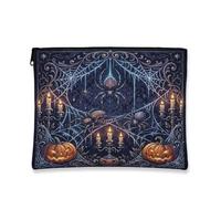 Borsa per il trucco a tema Halloween con ragno gotico e Jack-o'-lantern, 18 | Sfondo gotico damascato, sacchetto della cerniera del trucco, Candelabro incandescente a lume di candela