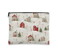 Borsa per il trucco a tema invernale, borsa da viaggio per cosmetici con motivo villaggio accogliente per donne, piccola borsa portatile in tela con cerniera, borsa da toilette per le vacanze, Rosso
