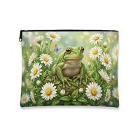 Borsa per il trucco anfibio floreale, borsa da viaggio per cosmetici con crisantemo verde, organizer portatile in tela con cerniera, borsa da toilette primaverile per la cura della pelle, Verde scuro