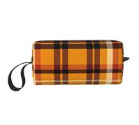 Borsa per il trucco arancione nera con cintura resistente all'acqua organizer da viaggio per donne uomini Buffalo Plaid Cosmetic Storage Pouch con cerniera piccola borsa portatile per attrezzi