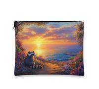 Borsa per il trucco artistica con procione, borsa per cosmetici floreale colorata al tramonto per viaggi, organizer portatile in tela con cerniera per l'estate, 17,8 x 22,9 cm