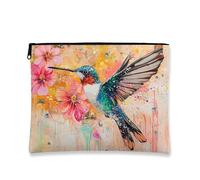 Borsa per il trucco artistica, motivo floreale, colibrì e fiori di pesco, borsa da viaggio per donne, organizer portatile in tela con cerniera, borsa da toilette primaverile per la cura della pelle