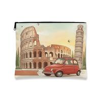 Borsa per il trucco artistica vintage, borsa da viaggio con auto rossa e punti di riferimento per donne, organizer portatile in tela con cerniera, borsa da viaggio per la cura della pelle, Rosso, 7x9