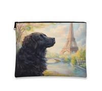 Borsa per il trucco artistica vintage con cane, nero canino parigino paesaggio, borsa da viaggio per donne, organizer portatile in tela con cerniera 17,8 x 22,9 cm