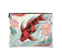 Borsa per il trucco artistica vintage con carpa, borsa cosmetica floreale per donne, organizer portatile in tela con cerniera, borsa da viaggio primaverile, Rosso, 7x9 Inch, Pesce Carpa