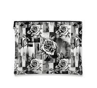 Borsa per il trucco artistica vintage con rose, borsa da viaggio per cosmetici floreale nera per donne, organizer portatile in tela con cerniera per la cura della pelle, nero, 7x9 Inch, Rosa