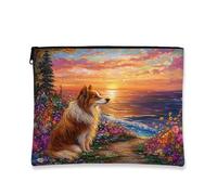 Borsa per il trucco artistico, borsa da viaggio per cosmetici con paesaggio con cane al tramonto, borsa da viaggio per donne, organizer portatile in tela con cerniera, elementi essenziali per