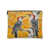 Borsa per il trucco autunnale con picchio e uccello, borsa da viaggio per donne, regali per ragazze, organizer portatile in tela con cerniera, 17,8 x 22,9 cm