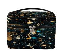 Borsa per il trucco, blu chiaro oro note grande capacità borsa da toilette da viaggio per le donne con manico e corda fissa elastica portatile borsa per il trucco organizzatore, Nota oro chiaro blu,